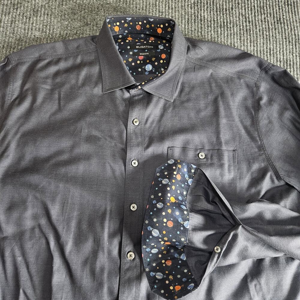 Bugatchi Shirt Mens Extra Large Gray Shaped Fit Long Sleeve Planet‎ Print Trim44